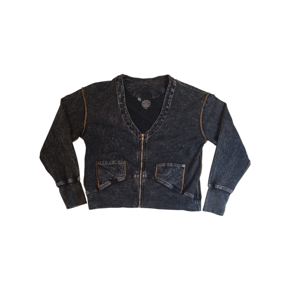 Produce Company Women's S Black Acid Wash Zip Jacket Y2K Moto Made USA